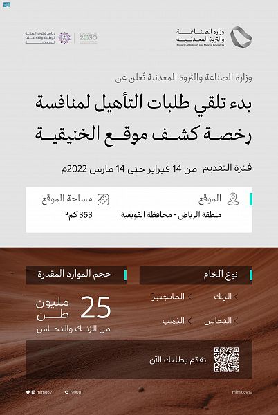 وزارة الصناعة تعلن بدء تلقِّي طلبات التأهيل لمنافسة رخصة كشف موقع الخنيقية
