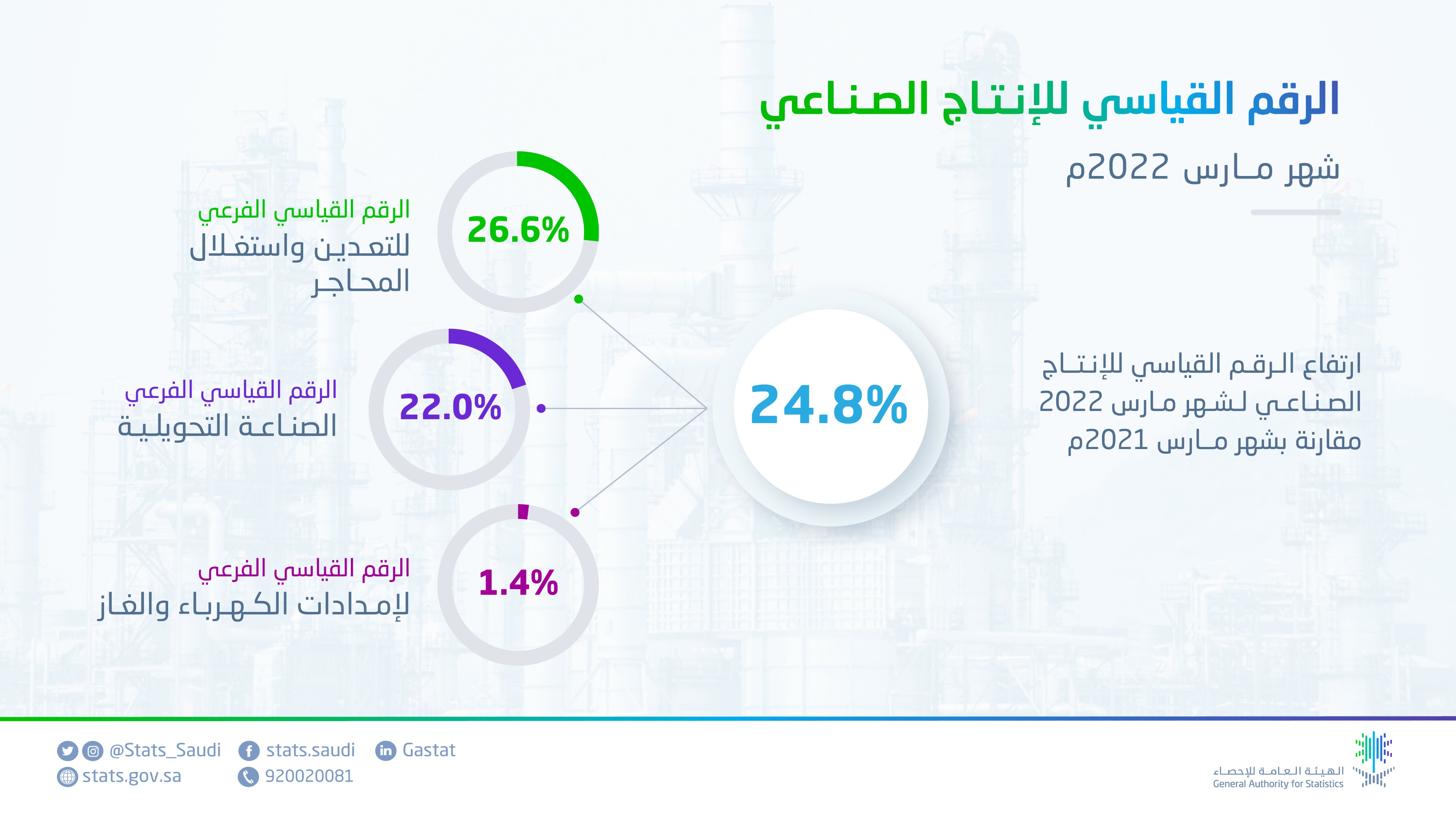 "هيئة الإحصاء": ارتفاع مؤشر الرقم القياسي للإنتاج الصناعي بنسبة 24.8% خلال مارس
